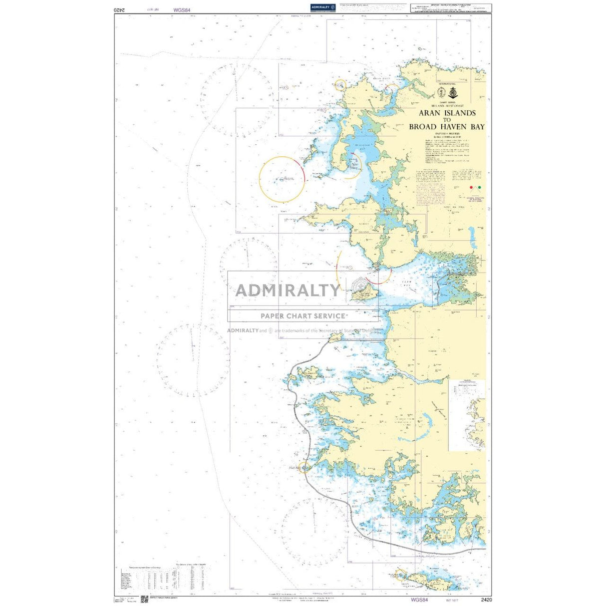 The Admiralty Chart 2420: Aran Islands to Broad Haven Bay by Admiralty provides coastal outlines, water depths, navigation aids, topography, and commercial shipping routes for safe navigation.