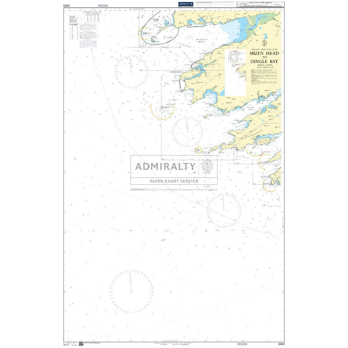 The Admiralty Chart 2423: Mizen Head to Dingle Bay offers detailed coastal outlines, water depths, buoys, and navigational markers. Essential for safe navigation, it includes crucial information on tides and currents to ensure maritime safety.