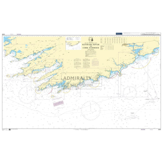 The Admiralty Chart 2424: Kenmare River to Cork Harbour offers comprehensive coverage for safe navigation, featuring coastal outlines, depth measurements, and navigation markings with symbols highlighting maritime details from the Admiralty brand.