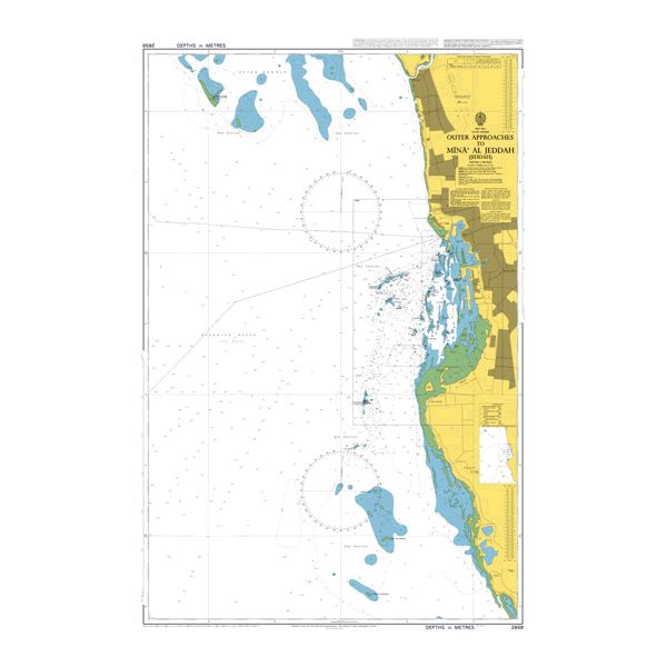 Product image of Admiralty Chart 2658 | Outer Approaches to Jeddah (Jiddah), featuring navigational markings, depth soundings, and coastal features, essential for safe marine navigation. It could be displayed as an art piece or used for navigation on a boat or ship.