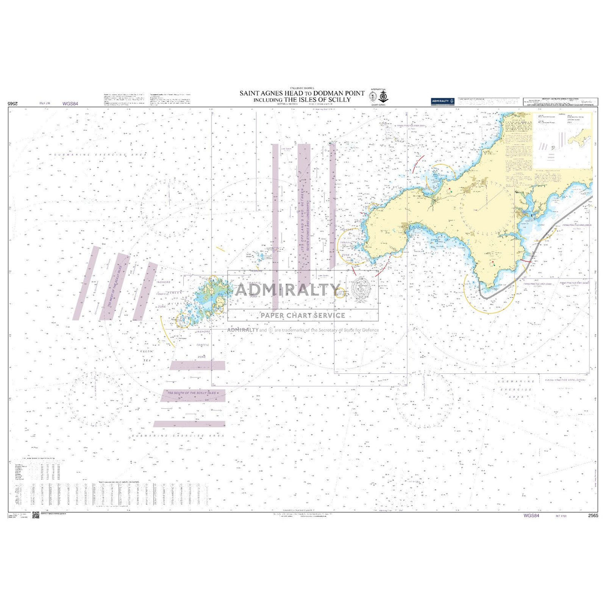 The Admiralty Chart 2565 covers Saint Agnes Head to Dodman Point, including the Isles of Scilly. This official chart provides coastal features, water depths, navigation aids, and essential maritime routes for deep-sea navigation.