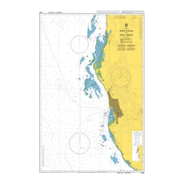 Product image of Admiralty Chart 2659 | Shi`b Nazar to Qita` Kidan, featuring navigational markings, depth soundings, and coastal features, essential for safe marine navigation. It could be displayed as an art piece or used for navigation on a boat or ship.