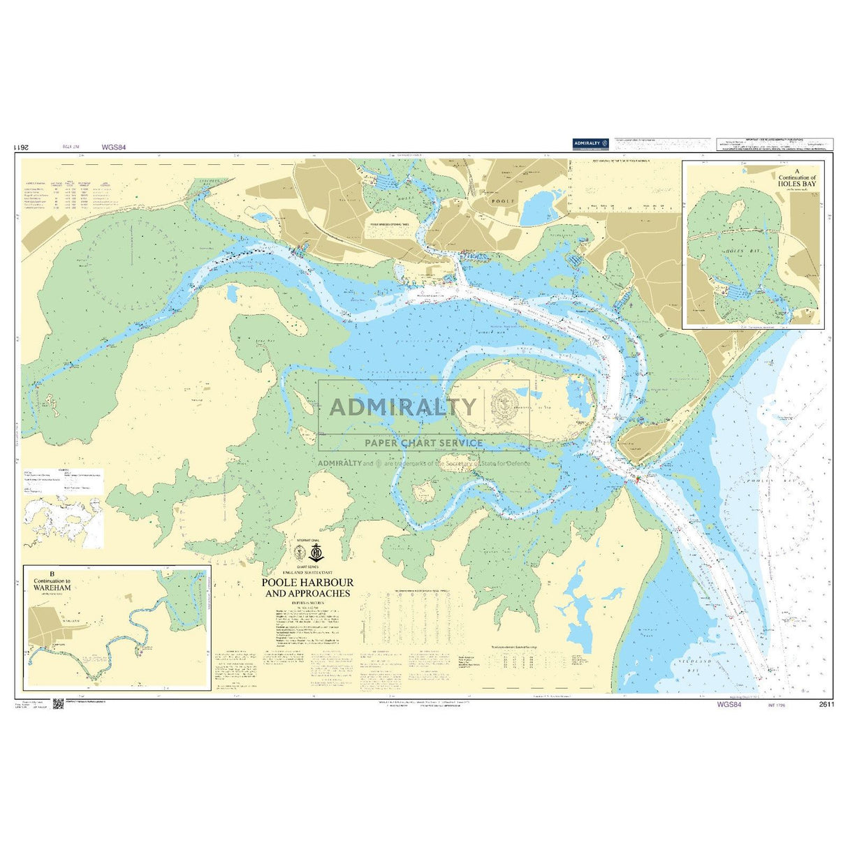 Admiralty Chart 2611, by Admiralty, details Poole Harbour and its approaches with water depths, navigational routes, and land features. Insets of Holes Bay and Wareham enhance this essential chart from the Admiralty Standard Nautical Charts for deep-sea navigation.