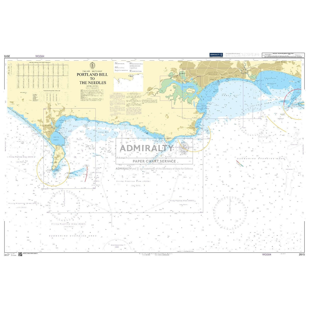 This Admiralty Chart 2615 details the UK coastline from Portland Bill to The Needles, highlighting commercial shipping routes and navigational details like depths, buoys, and landmarks. Sea areas appear in blue; land in beige; notes and title are in the top left.