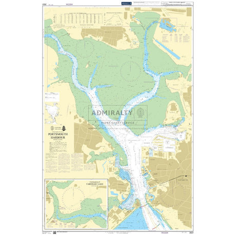 Admiralty Chart 2631: Portsmouth Harbour, by Admiralty, showcases in-depth water depths, navigational aids, and coastal landmarks. It includes inset details of Fareham Lake and nearby areas with symbols and annotations for safe navigation.