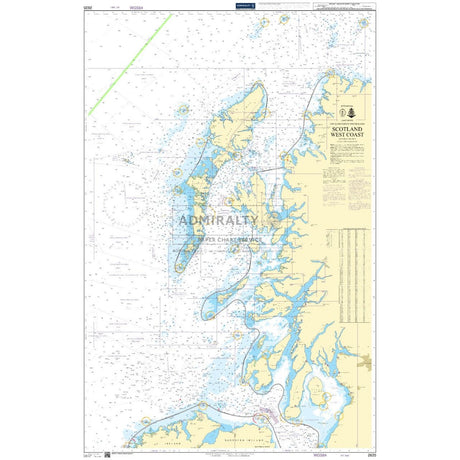 The Admiralty Chart 2635: Scotland West Coast by Admiralty provides detailed coastal outlines, islands, navigational aids, water depths, and landmarks with precise geographic coordinates for deep-sea navigation.