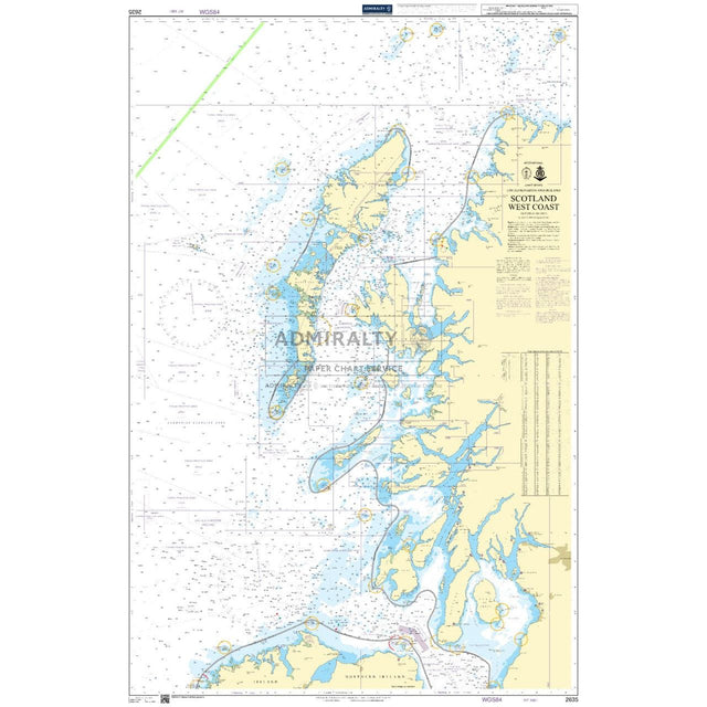 The Admiralty Chart 2635: Scotland West Coast by Admiralty provides detailed coastal outlines, islands, navigational aids, water depths, and landmarks with precise geographic coordinates for deep-sea navigation.