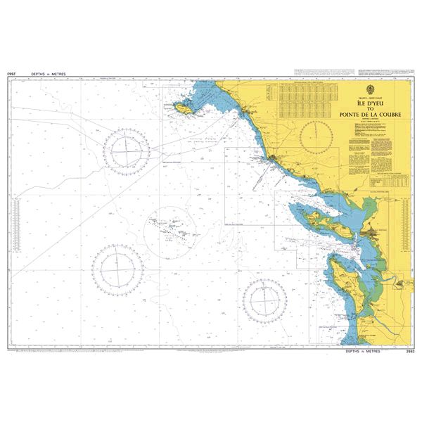 Product image of Admiralty Chart 2663 | Ile d'Yeu to Pointe de la Coubre, featuring navigational markings, depth soundings, and coastal features, essential for safe marine navigation. It could be displayed as an art piece or used for navigation on a boat or ship.