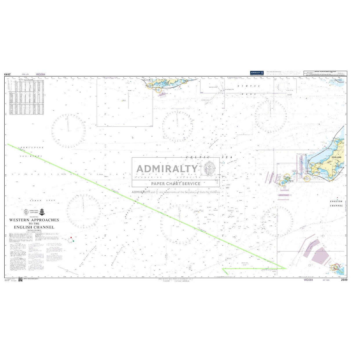 Admiralty Chart 2649, "Western Approaches to the English Channel," by Admiralty, details navigational features, depth markers, and coastal outlines. Includes Alderney, Casquets, and Plymouth insets. A green diagonal line highlights major commercial shipping routes.