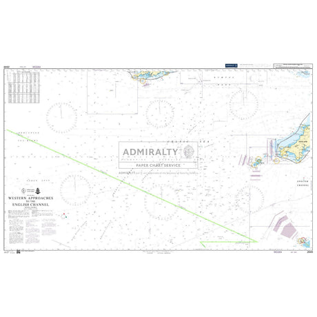 Admiralty Chart 2649, "Western Approaches to the English Channel," by Admiralty, details navigational features, depth markers, and coastal outlines. Includes Alderney, Casquets, and Plymouth insets. A green diagonal line highlights major commercial shipping routes.