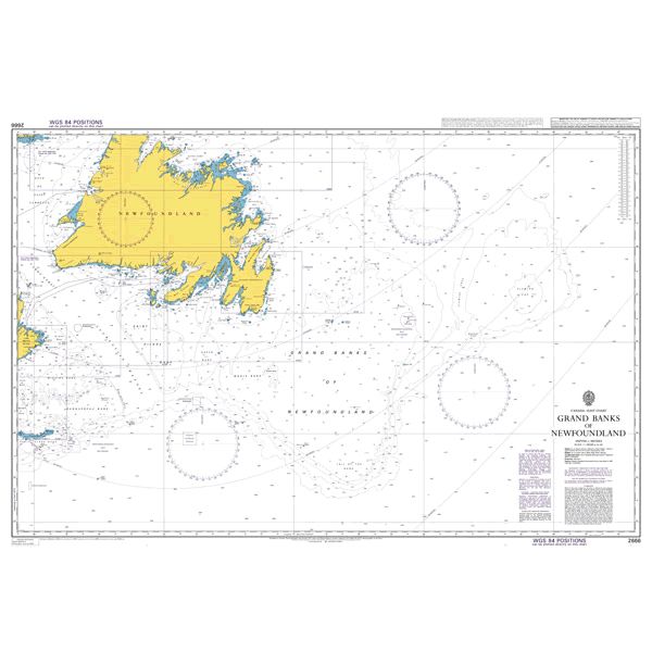 Product image of Admiralty Chart 2666 | Grand Banks of Newfoundland, featuring navigational markings, depth soundings, and coastal features, essential for safe marine navigation. It could be displayed as an art piece or used for navigation on a boat or ship.