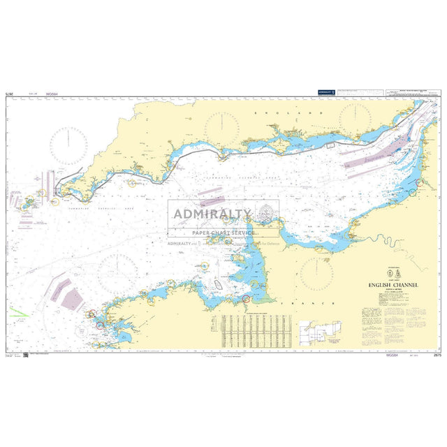 Admiralty Chart 2675: English Channel by Admiralty offers detailed nautical charts showcasing coastlines, depths, navigation routes, ports, deep-sea paths, shipping routes, and danger zones between southern UK and northern France.