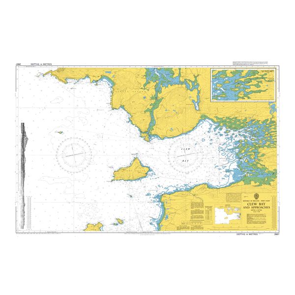 Product image of Admiralty Chart 2667 | Clew Bay and Approaches, featuring navigational markings, depth soundings, and coastal features, essential for safe marine navigation. It could be displayed as an art piece or used for navigation on a boat or ship.