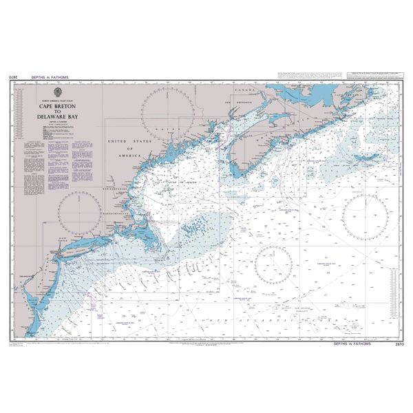 Product image of Admiralty Chart 2670 | Cape Breton to Delaware Bay, featuring navigational markings, depth soundings, and coastal features, essential for safe marine navigation. It could be displayed as an art piece or used for navigation on a boat or ship.