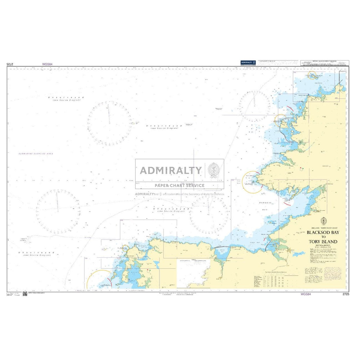 The Admiralty Chart 2725: Blacksod Bay to Tory Island by Admiralty provides comprehensive navigation coverage with detailed coastal outlines, depth markings, compass roses, and navigational aids, all meticulously labeled with coordinates and topographical details for safe passage.