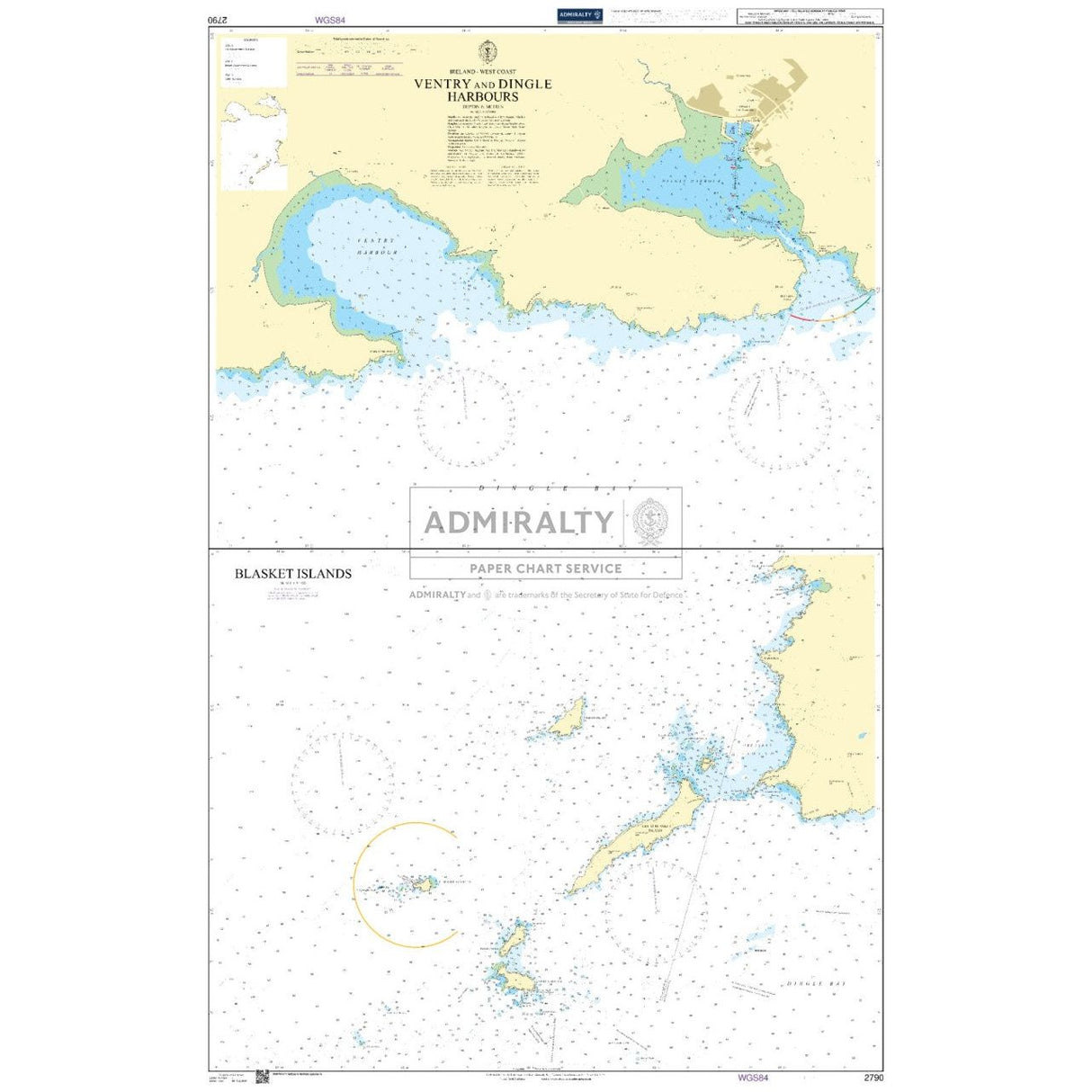 Admiralty Chart 2790 covers Ventry & Dingle Harbours and the Blasket Islands, featuring water depths, coastal outlines, and navigation details for safe sailing—all under the Admiralty brand.