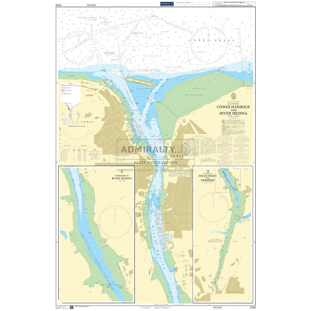 The Admiralty Chart 2793: Cowes Harbour and River Medina, by Admiralty, details water depths, navigational markers, and land features. Insets provide views of the River Medina entrance and Newport area to ensure SOLAS safety compliance.