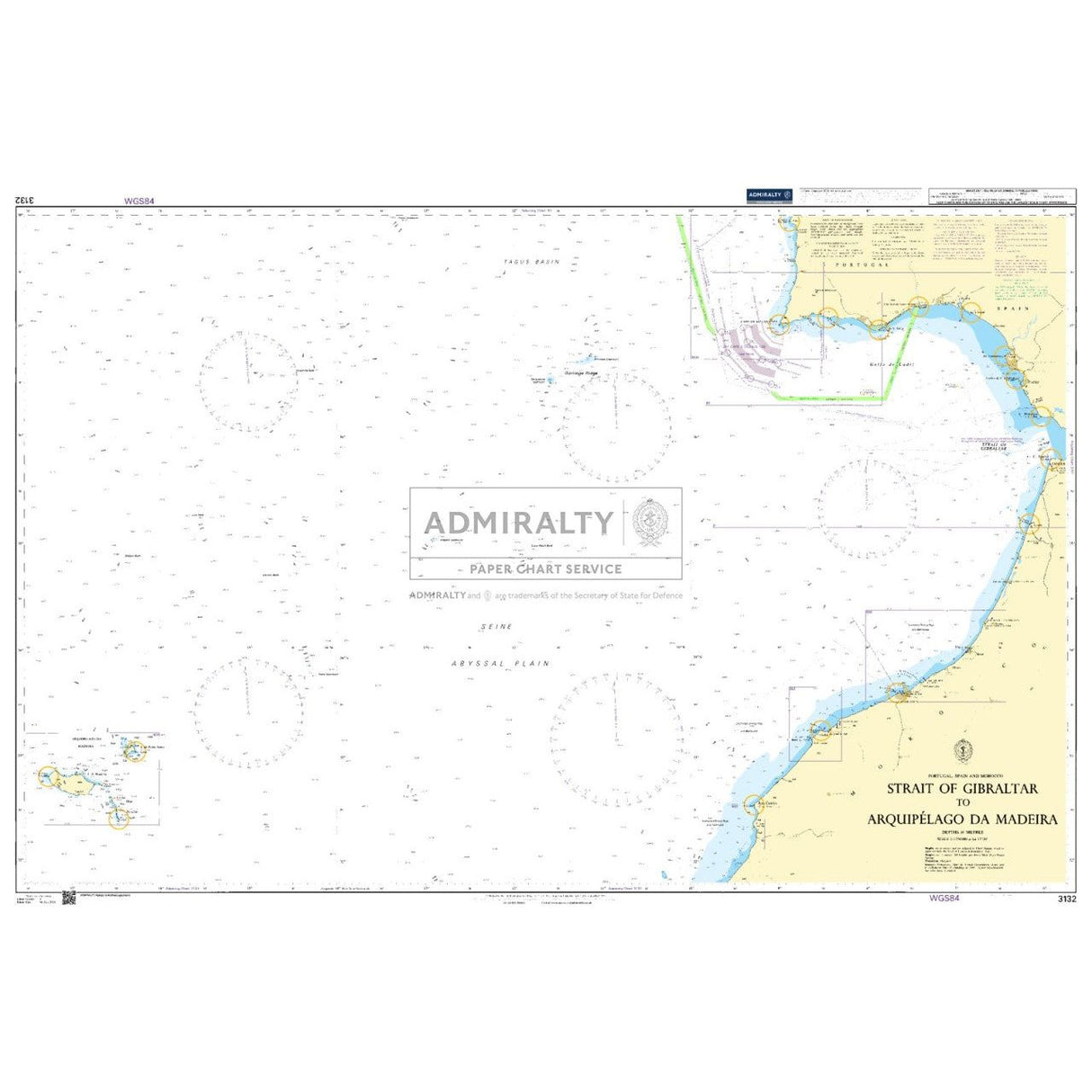 Admiralty Chart 3132: Strait of Gibraltar to Arquipelago da Madeira offers safe navigation with depth contours, navigational routes, and coastal details along European and African shores. Part of the Admiralty Standard Nautical Charts series.