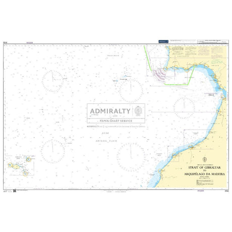 Admiralty Chart 3132: Strait of Gibraltar to Arquipelago da Madeira offers safe navigation with depth contours, navigational routes, and coastal details along European and African shores. Part of the Admiralty Standard Nautical Charts series.