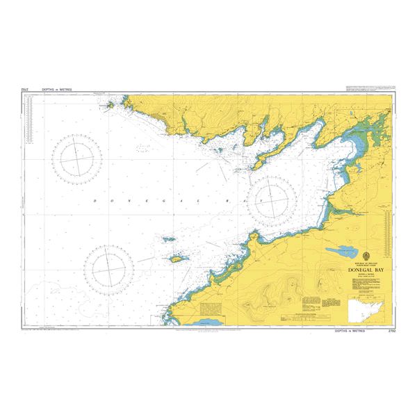 Product image of Admiralty Chart 2702 | Donegal Bay, featuring navigational markings, depth soundings, and coastal features, essential for safe marine navigation. It could be displayed as an art piece or used for navigation on a boat or ship.