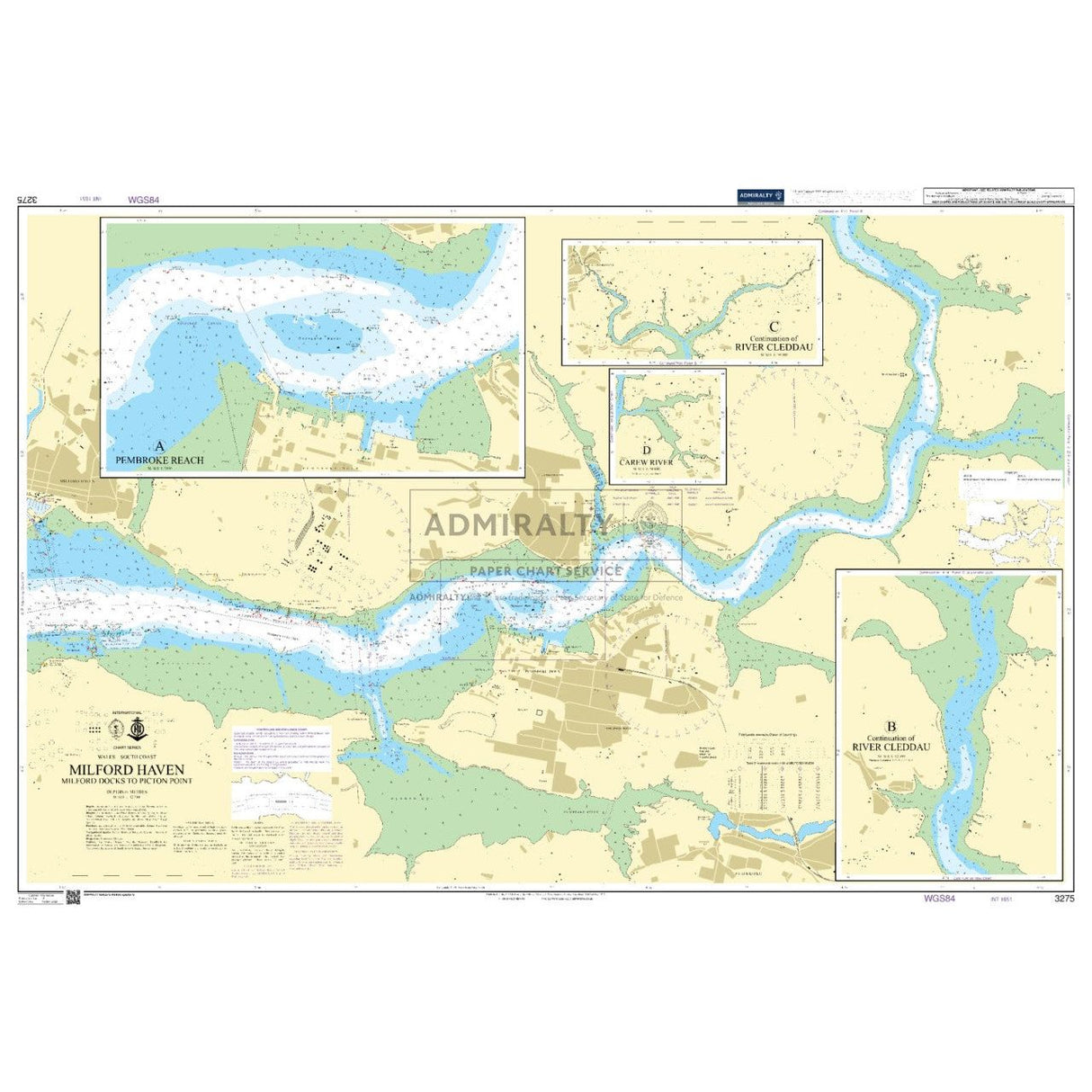 The Admiralty Chart 3275: Milford Haven Milford Docks to Picton Point offers detailed navigation for areas including Pembroke Reach, River Cleddau, and Carew River, featuring water depths, safe paths, shipping routes, and geographical details.