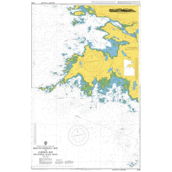 Product image of Admiralty Chart 2708 | Ballyconneely Bay to Clifden Bay including Slyne Head, featuring navigational markings, depth soundings, and coastal features, essential for safe marine navigation. It could be displayed as an art piece or used for navigation on a boat or ship.