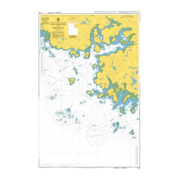 Product image of Admiralty Chart 2709 | Roundstone and Approaches, featuring navigational markings, depth soundings, and coastal features, essential for safe marine navigation. It could be displayed as an art piece or used for navigation on a boat or ship.