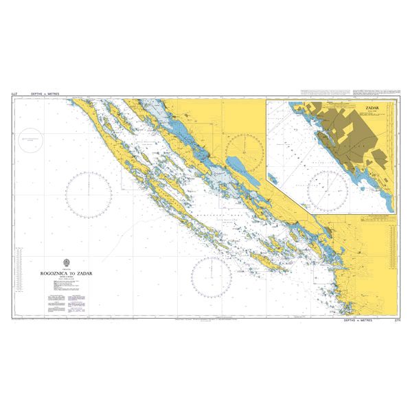 Product image of Admiralty Chart 2711 | Rogoznica to Zadar, featuring navigational markings, depth soundings, and coastal features, essential for safe marine navigation. It could be displayed as an art piece or used for navigation on a boat or ship.