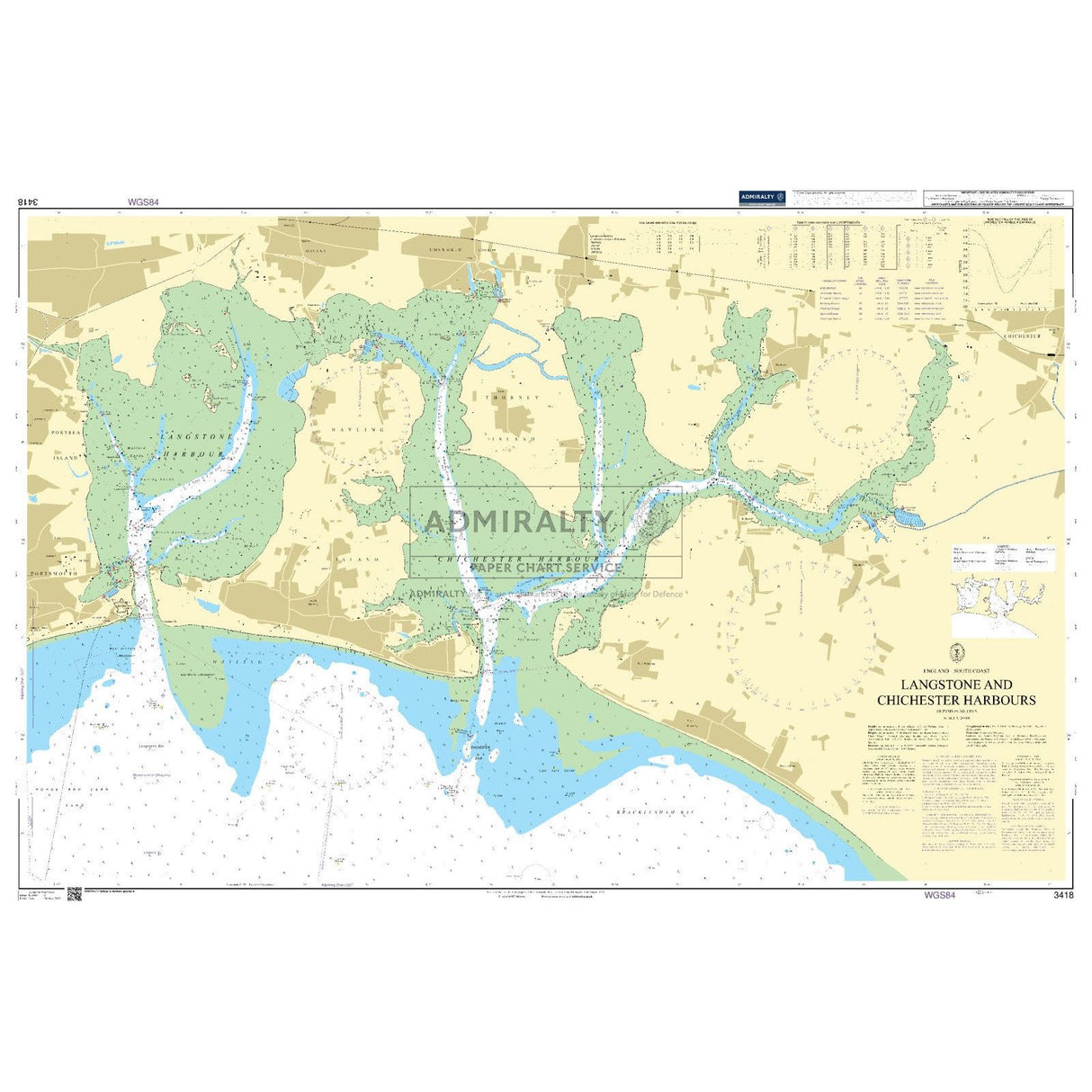 Admiralty Chart 3418: Langstone and Chichester Harbours by Admiralty details water depths, navigational aids, coastal features, land specifics, and notes for precise maritime navigation and planning, adhering to Admiralty Standard Nautical Charts.