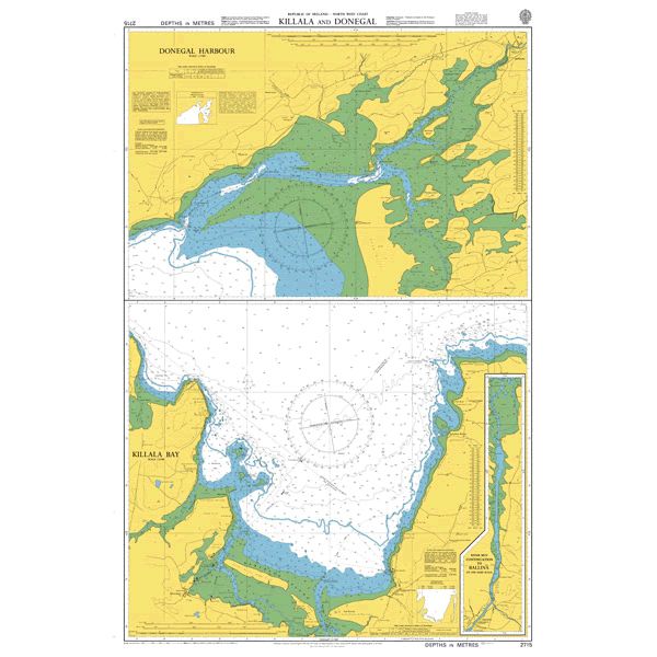 Product image of Admiralty Chart 2715 | Killala and Donegal, featuring navigational markings, depth soundings, and coastal features, essential for safe marine navigation. It could be displayed as an art piece or used for navigation on a boat or ship.