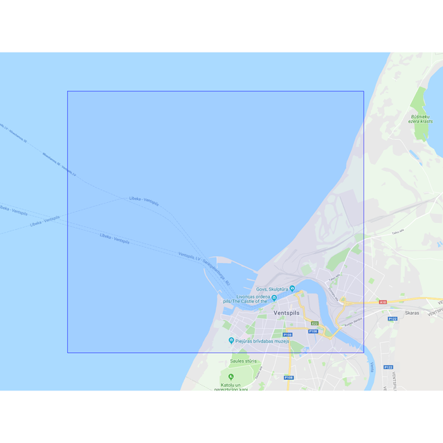 Product image of Admiralty Chart 2716 | Ventspils, featuring navigational markings, depth soundings, and coastal features, essential for safe marine navigation. It could be displayed as an art piece or used for navigation on a boat or ship.