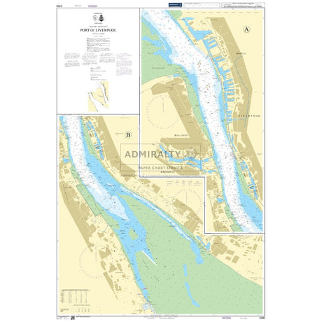 Admiralty Chart 3490: Port of Liverpool by Admiralty details the Mersey River, docks, and nearby areas, featuring depth markings, commercial shipping routes, and labeled landmarks to aid in safe navigation.