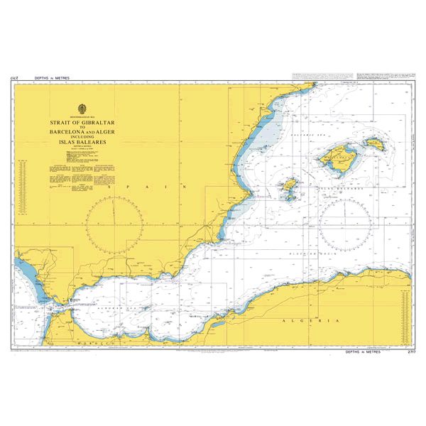 Product image of Admiralty Chart 2717 | Strait of Gibraltar to Barcelona and Alger including Islas Baleares, featuring navigational markings, depth soundings, and coastal features, essential for safe marine navigation. It could be displayed as an art piece or used for navigation on a boat or ship.