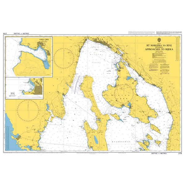 Product image of Admiralty Chart 2719 | Rt Marlera to Senj including Approaches to Rijeka, featuring navigational markings, depth soundings, and coastal features, essential for safe marine navigation. It could be displayed as an art piece or used for navigation on a boat or ship.