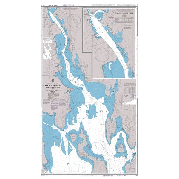 Product image of Admiralty Chart 2731 | Narragansett Bay Hog Island Shoal to Providence Harbor, featuring navigational markings, depth soundings, and coastal features, essential for safe marine navigation. It could be displayed as an art piece or used for navigation on a boat or ship.