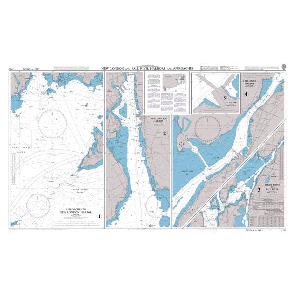 Product image of Admiralty Chart 2732 | New London and Fall River Harbors and Approaches, featuring navigational markings, depth soundings, and coastal features, essential for safe marine navigation. It could be displayed as an art piece or used for navigation on a boat or ship.