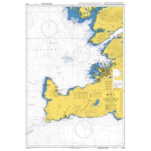 Product image of Admiralty Chart 2734 | Approaches to Reykjavik, featuring navigational markings, depth soundings, and coastal features, essential for safe marine navigation. It could be displayed as an art piece or used for navigation on a boat or ship.