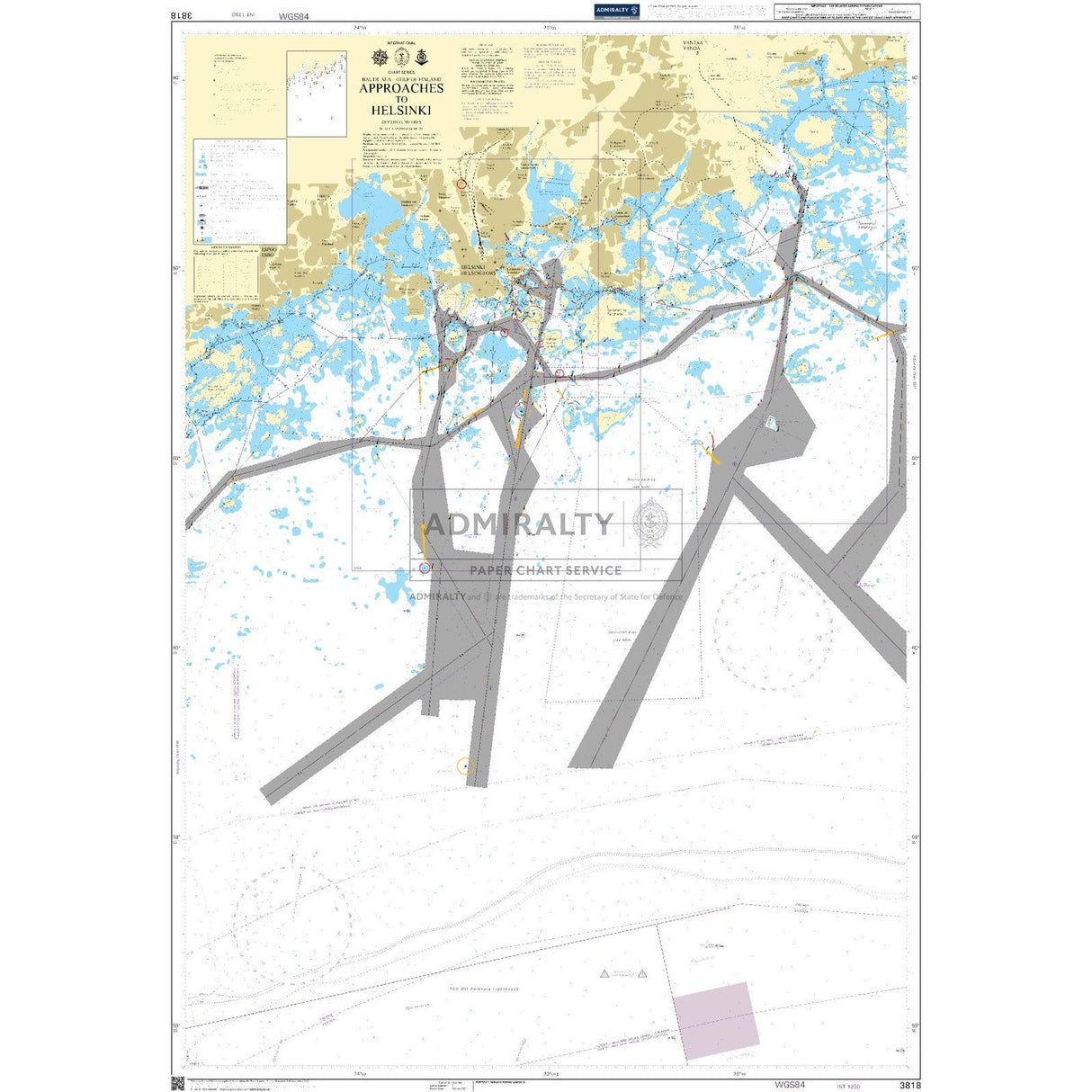 The Admiralty Chart 3818: Approaches to Helsinki, by Admiralty, ensures safe navigation with maritime routes, water depths, detailed coastlines, islands, and key landmarks crucial for commercial shipping routes.