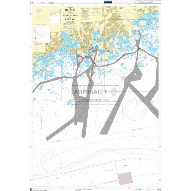 The Admiralty Chart 3818: Approaches to Helsinki, by Admiralty, ensures safe navigation with maritime routes, water depths, detailed coastlines, islands, and key landmarks crucial for commercial shipping routes.