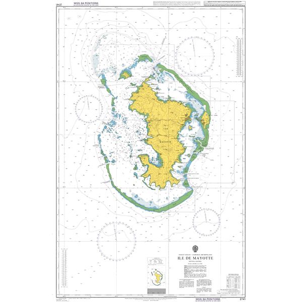 Product image of Admiralty Chart 2741 | Mayotte, featuring navigational markings, depth soundings, and coastal features, essential for safe marine navigation. It could be displayed as an art piece or used for navigation on a boat or ship.