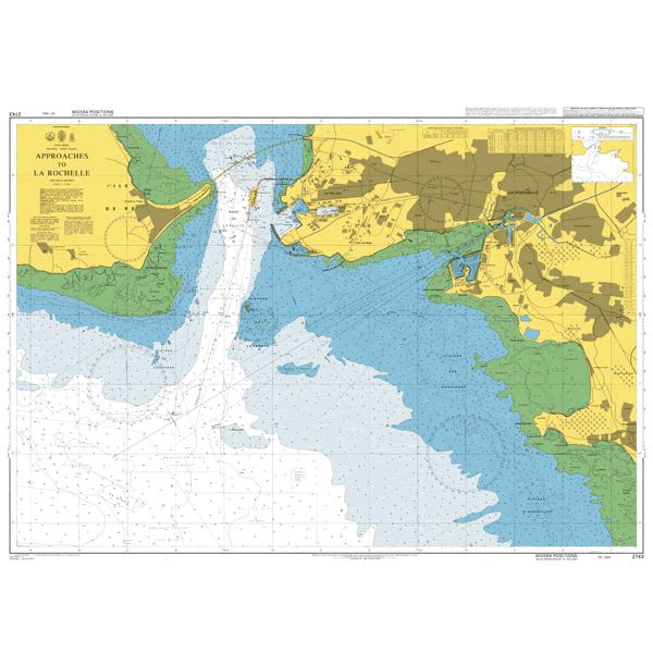 Product image of Admiralty Chart 2743 | Approaches to La Rochelle, featuring navigational markings, depth soundings, and coastal features, essential for safe marine navigation. It could be displayed as an art piece or used for navigation on a boat or ship.