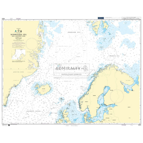 Discover the Admiralty Chart 4010: Norwegian Sea and Adjacent Seas by Admiralty, crafted for safe navigation with detailed coverage. It features depth contours, coastal details of Norway, Iceland, and Greenland, as well as islands, shipping routes, and compass directions.