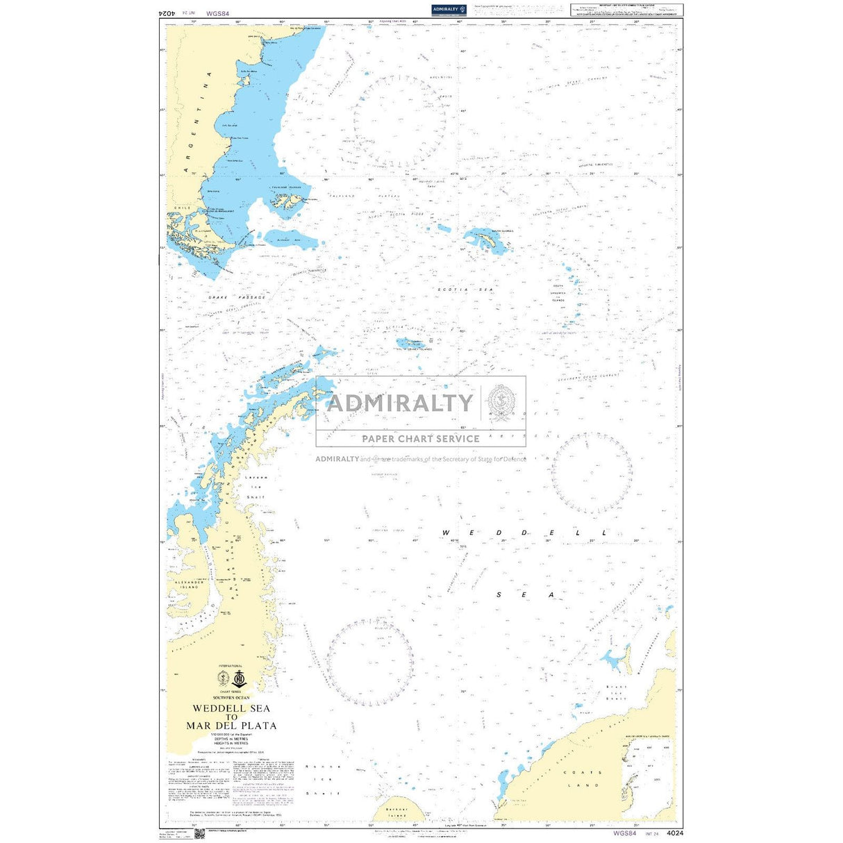 The Admiralty Chart 4024, titled "Weddell Sea to Mar del Plata," offers essential navigation details for commercial shipping with coastlines, depths, and navigational markers highlighted in yellow and blue.