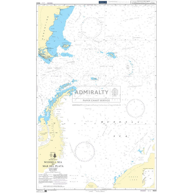 The Admiralty Chart 4024, titled "Weddell Sea to Mar del Plata," offers essential navigation details for commercial shipping with coastlines, depths, and navigational markers highlighted in yellow and blue.