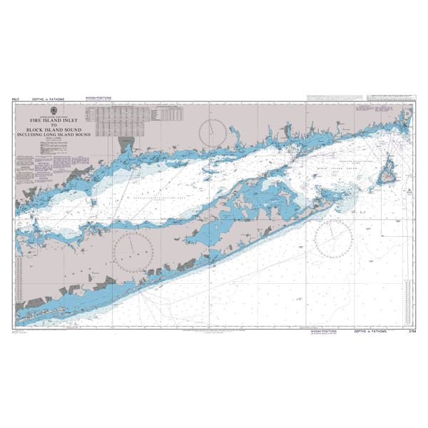 Product image of Admiralty Chart 2754 | Fire Island Inlet to Block Island Sound including Long Island Sound, featuring navigational markings, depth soundings, and coastal features, essential for safe marine navigation. It could be displayed as an art piece or used for navigation on a boat or ship.