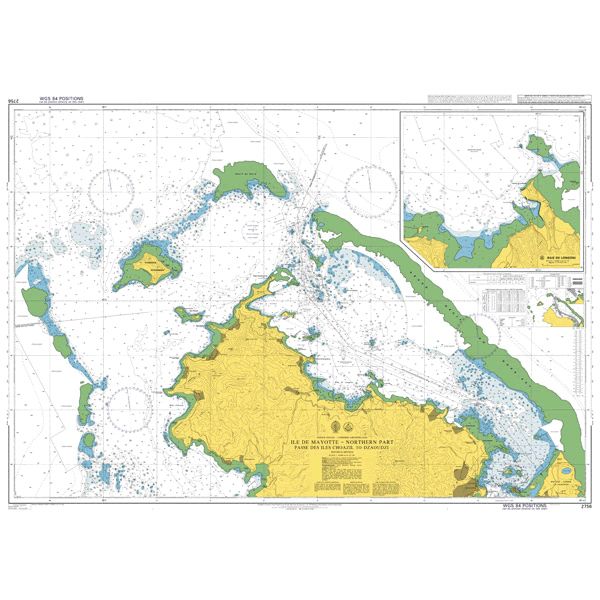 Product image of Admiralty Chart 2756 | Mayotte Northern Part Passe des Iles Choazil to Dzaoudzi, featuring navigational markings, depth soundings, and coastal features, essential for safe marine navigation. It could be displayed as an art piece or used for navigation on a boat or ship.