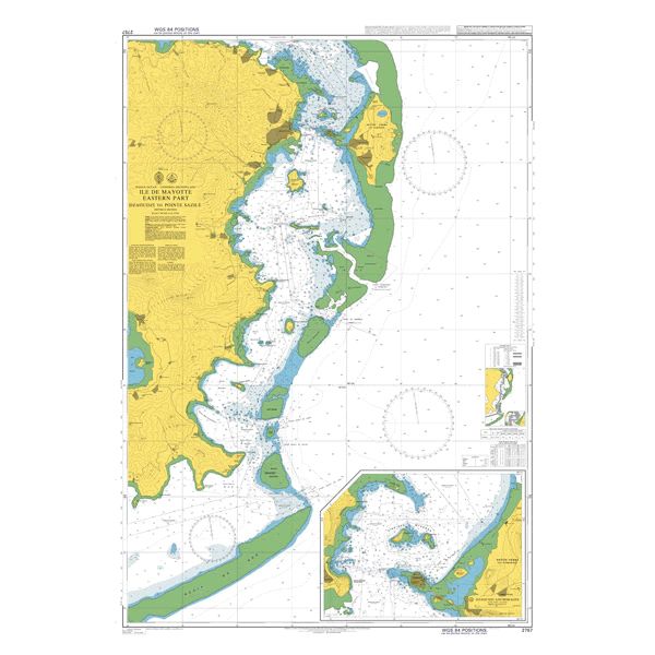 Product image of Admiralty Chart 2757 | Mayotte Eastern Part Dzaoudzi to Pointe Saziley, featuring navigational markings, depth soundings, and coastal features, essential for safe marine navigation. It could be displayed as an art piece or used for navigation on a boat or ship.