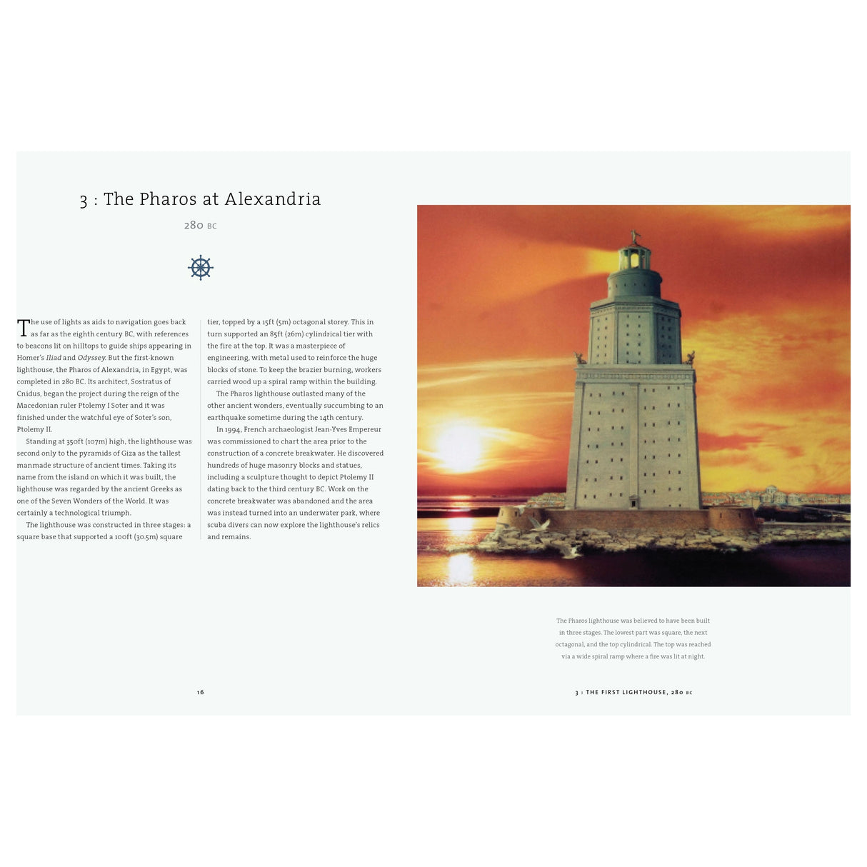 Page image from "A History of Sailing in 100 Objects" by Adlard Coles shows a digital illustration of the Pharos at Alexandria—a tiered lighthouse on a rocky island—emphasizing its maritime history and technological significance.