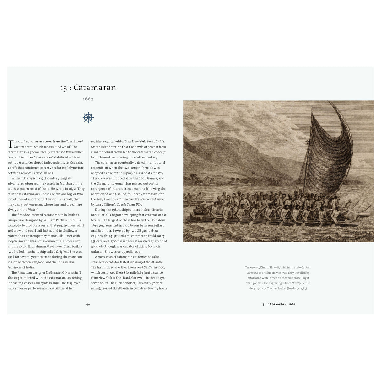 A page in "A History of Sailing in 100 Objects" by Adlard Coles features an illustration of a catamaran with many rowers. The text explores the history, design, and technology of catamarans. Chapter title: "15: Catamaran 1662.