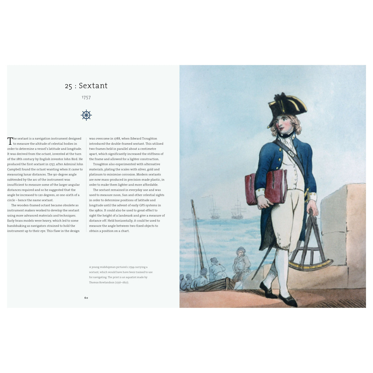 The illustration, featured in "A History of Sailing in 100 Objects" by Adlard Coles, depicts a 1757 naval officer with a tricorn hat, blue coat, and white trousers, holding a sextant. Ships are seen behind him, with left-side text highlighting the sextant's historic significance in navigation.